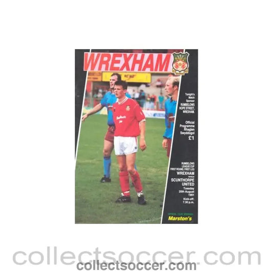 1991 - Wrexham v Scanthorpe United official programme 20/08/1991 Rumbelows League Cup - Collect Soccer
