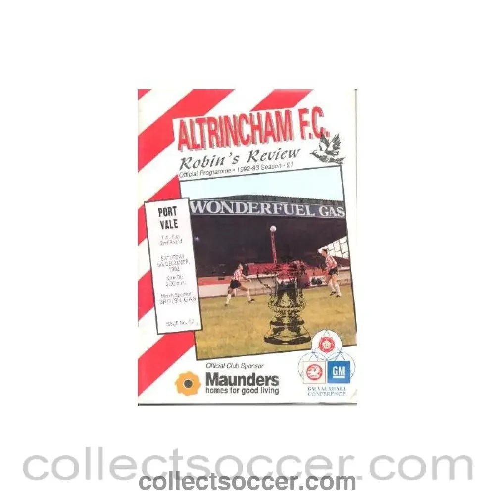 1992 - Altricham v Port Vale official programme 05/12/1992 F.A. Cup - Collect Soccer