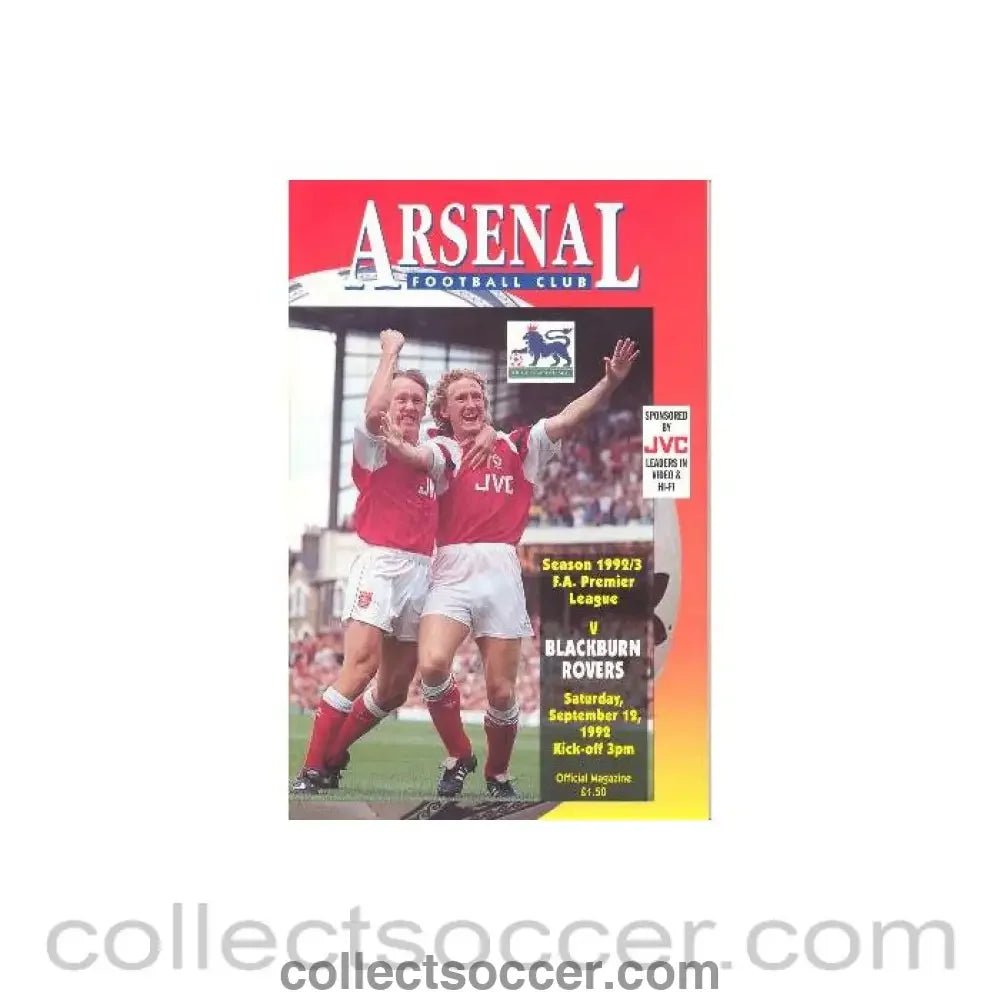 1992 - Arsenal v Blackburn Rovers official programme 12/09/1992 Premier League - Collect Soccer