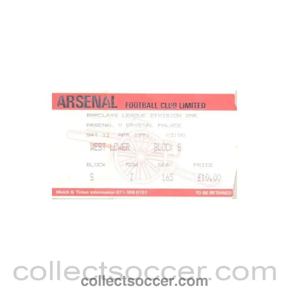 1992 - Arsenal v Crystal Palace ticket 11/04/1992 - Collect Soccer