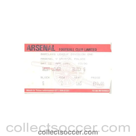 1992 - Arsenal v Crystal Palace ticket 11/04/1992