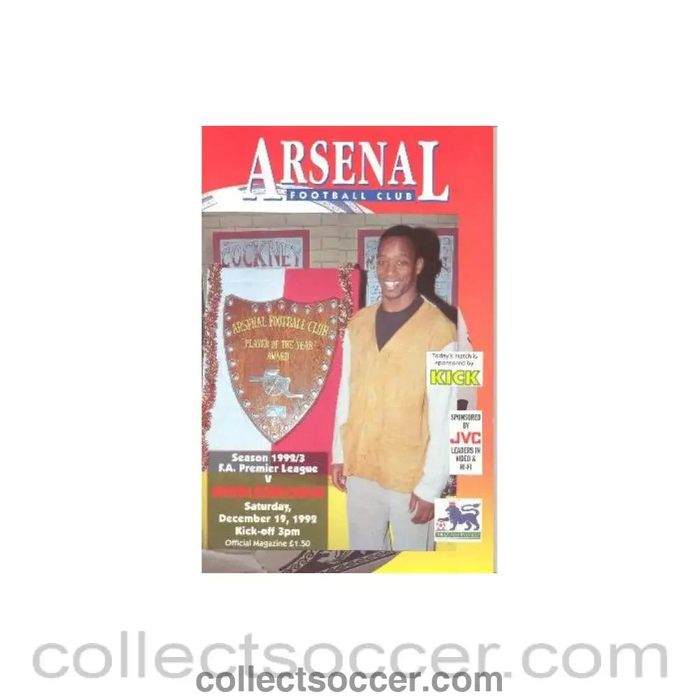 1992 - Arsenal v Middlesbrough official programme 19/12/1992 Premier League