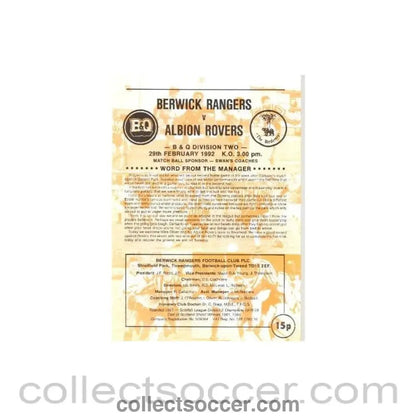 1992 - Berwick Rangers v Albion Rovers official programme 29/02/1992 Scottish League - Collect Soccer