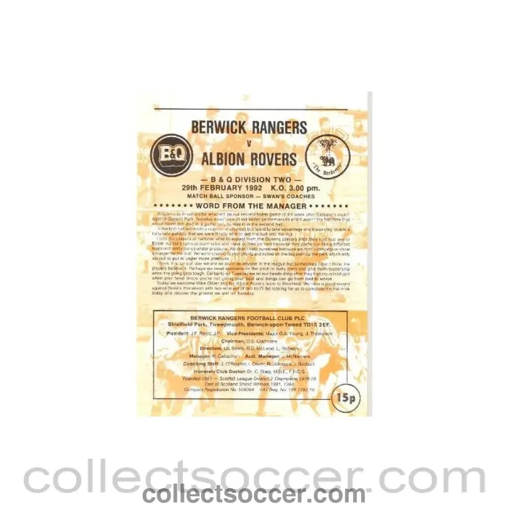 1992 - Berwick Rangers v Albion Rovers official programme 29/02/1992 Scottish League - Collect Soccer