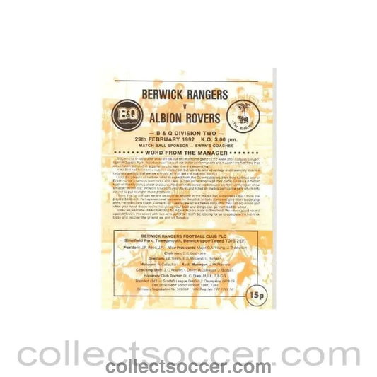 1992 - Berwick Rangers v Albion Rovers official programme 29/02/1992 Scottish League - Collect Soccer