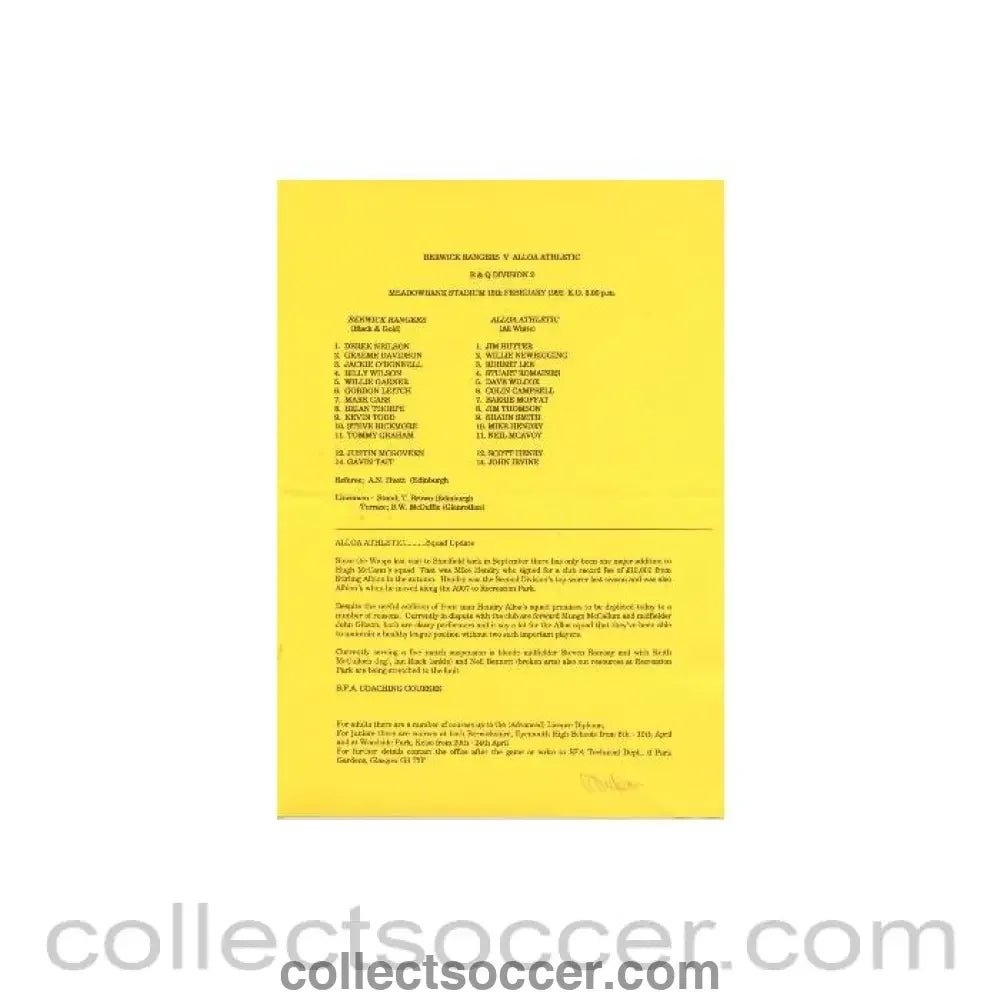 1992 - Berwick Rangers v Alloa Athletic official programme 15/02/1992 Scottish League - Collect Soccer