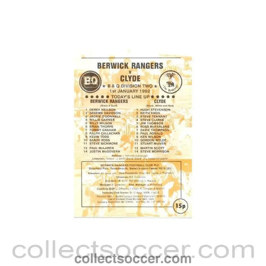1992 - Berwick Rangers v Clyde official programme 01/01/1992 Scottish League - Collect Soccer