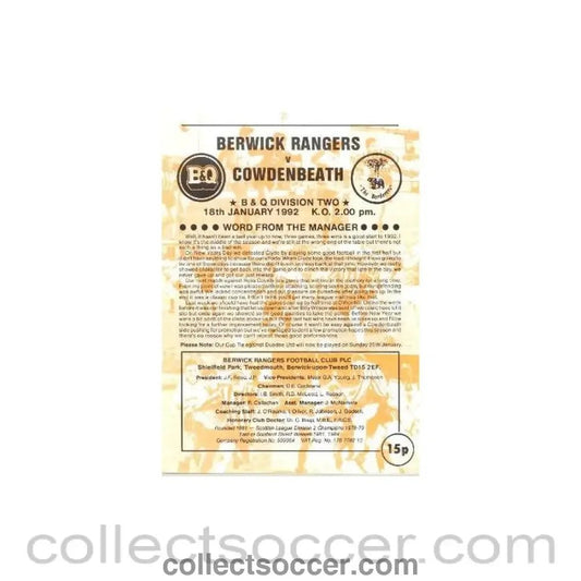1992 - Berwick Rangers v Cowdenbeath official programme 18/01/1992 Scottish League - Collect Soccer