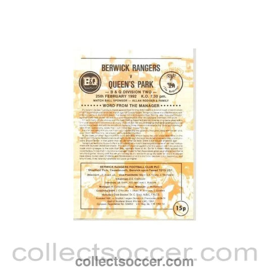 1992 - Berwick Rangers v Queen's Park official programme 25/02/1992 Scottish League - Collect Soccer