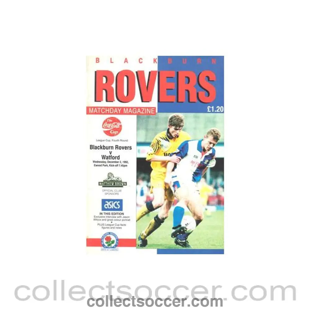 1992 - Blackburn Rovers v Watford official programme 02/12/1992 League Cup