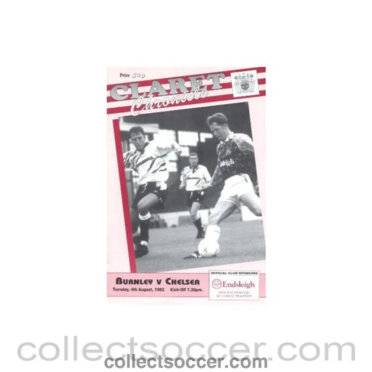 1992 - Burnley vChelsea official programme 04/08/1992 Pre - Season Friendly Match - Collect Soccer