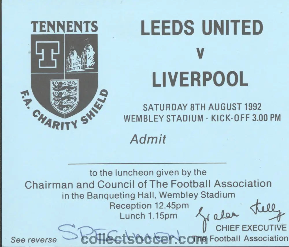 1992 Charity Shield Leeds United v Liverpool Blue Luncheon VIP Ticket