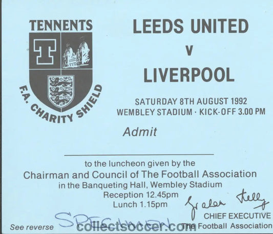 1992 Charity Shield Leeds United v Liverpool Blue Luncheon VIP Ticket