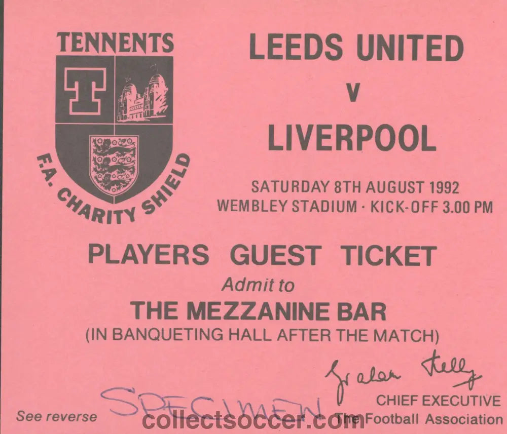 1992 Charity Shield Leeds United v Liverpool Players Guest Ticket Post Game