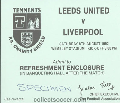 1992 Community Shield Leeds United v Liverpool Post Match Banqueting Hall Green Ticket