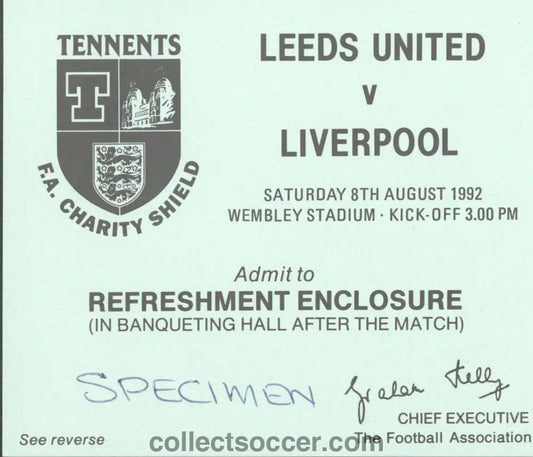 1992 Community Shield Leeds United v Liverpool Post Match Banqueting Hall Green Ticket