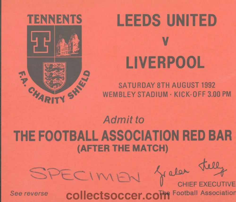 1992 Charity Shield Leeds United v Liverpool Post Match Red Bar Ticket