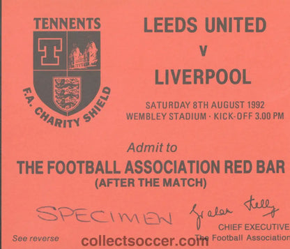 1992 Charity Shield Leeds United v Liverpool Post Match Red Bar Ticket