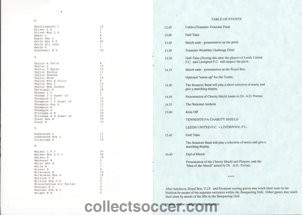 1992 Charity Shield Leeds United v Liverpool Programme of Arrangements - view 3