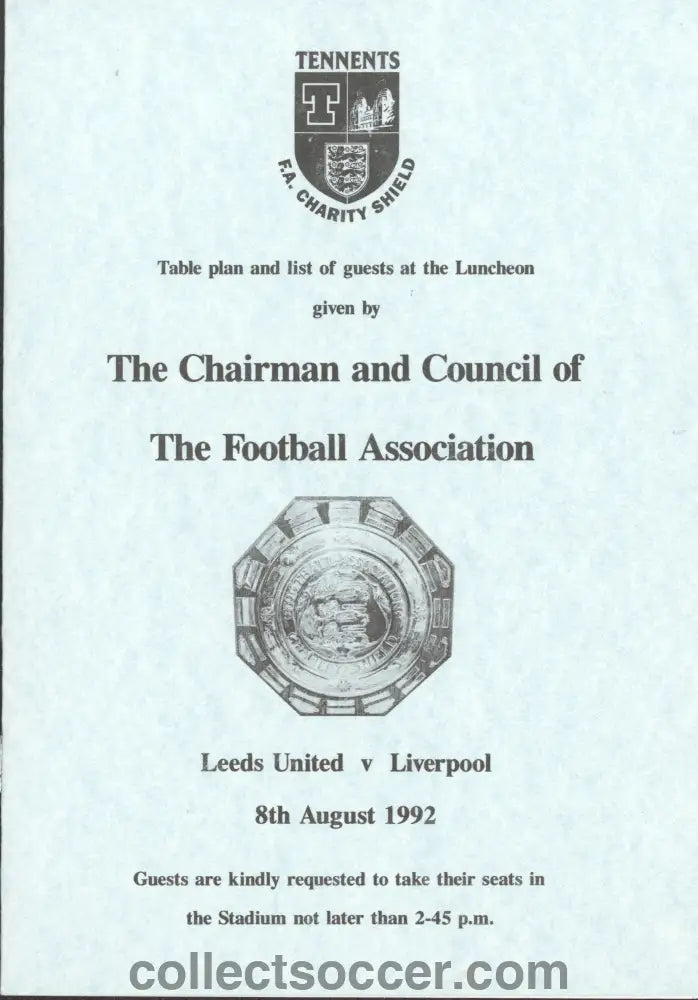 1992 Charity Shield Leeds United v Liverpool Programme of Arrangements