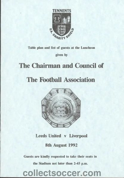 1992 Charity Shield Leeds United v Liverpool Programme of Arrangements