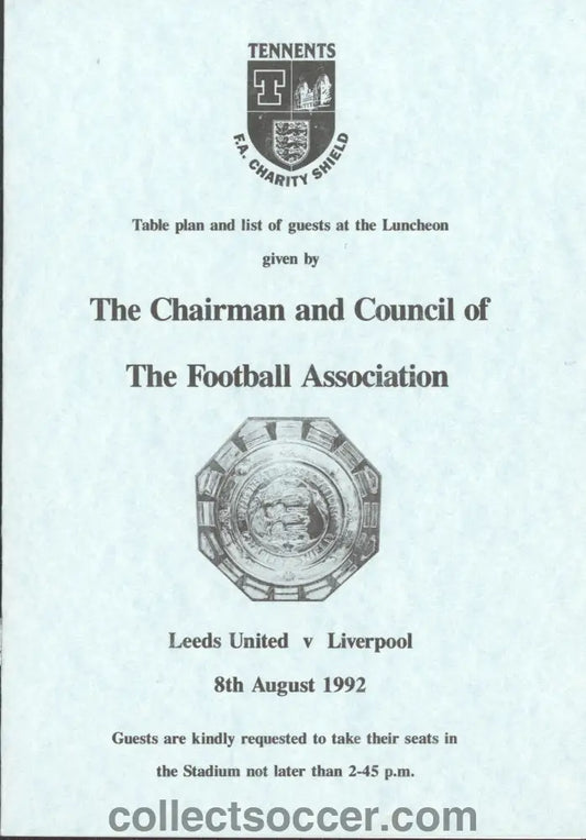 1992 Charity Shield Leeds United v Liverpool Programme of Arrangements