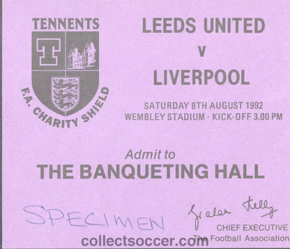 1992 Charity Shield Leeds United v Liverpool Purple Banqueting Hall Ticket