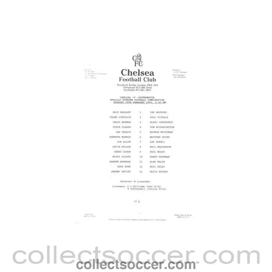 1992 - Chelsea v Southampton Reserves official teamsheet 25/02/1992 Football Combination - Collect Soccer