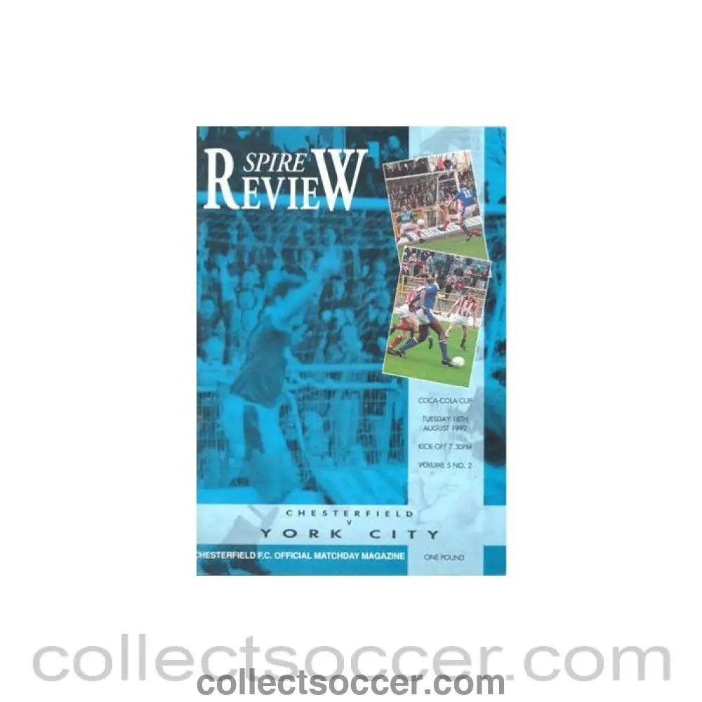 1992 - Chesterfield v York City official programme 18/08/1992 Coca Cola Cup - Collect Soccer