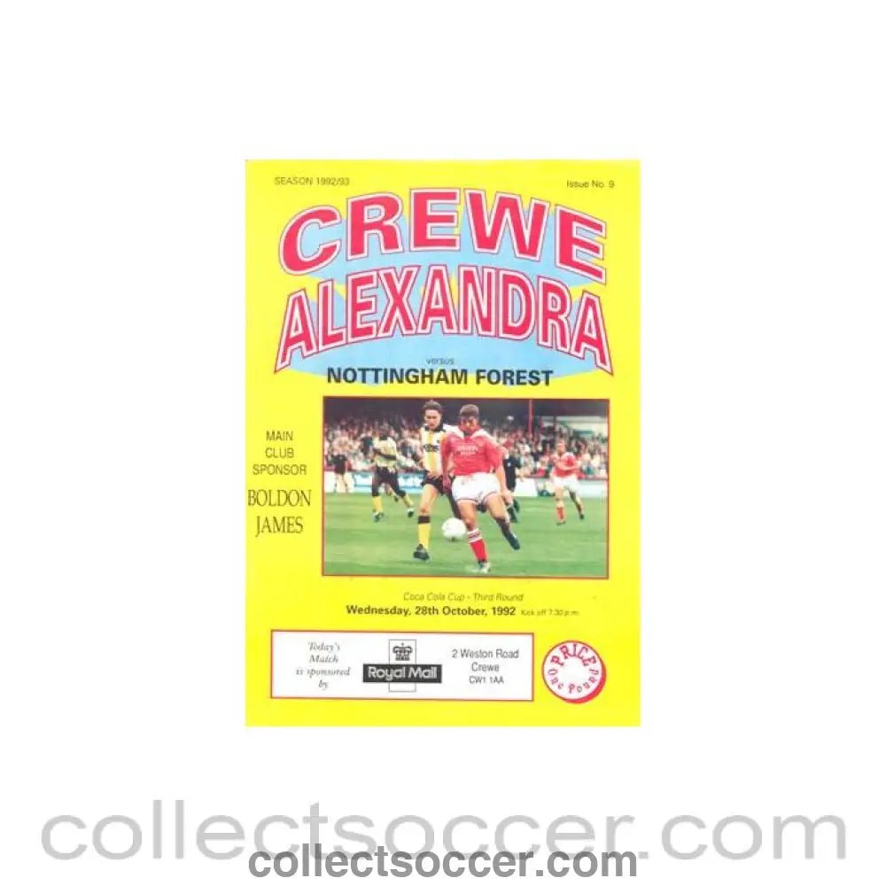 1992 - Crewe Alexandra v Nottingham Forest official programme 28/10/1992 Coca Cola Cup - Collect Soccer