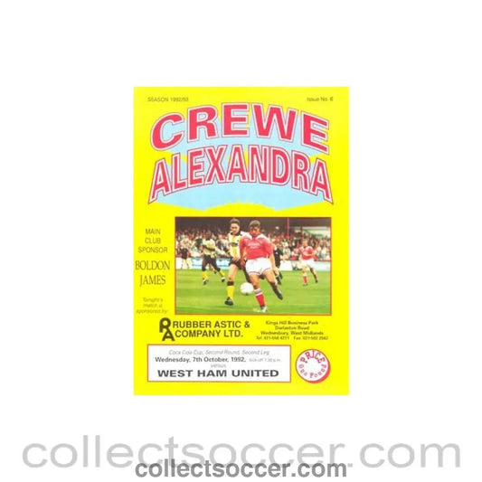 1992 - Crewe Alexandra v West Ham United official programme 07/10/1992 Coca Cola Cup - Collect Soccer