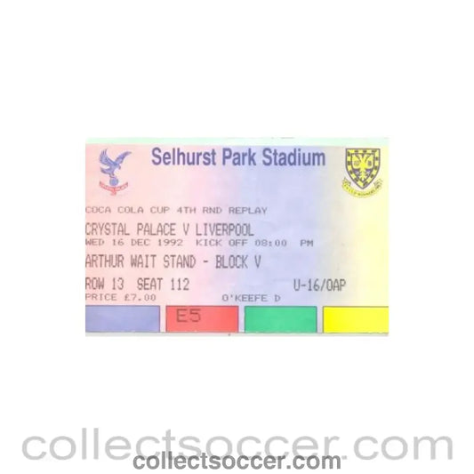 1992 - Crystal Palace v Liverpool ticket 16/12/1992