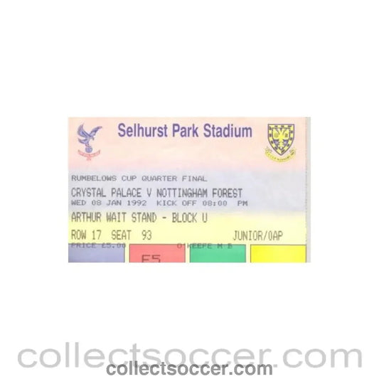1992 - Crystal Palace v Nottingham Forest ticket 08/01/1992 - Collect Soccer