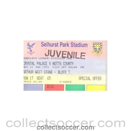 1992 - Crystal Palace v Notts County ticket 01/01/1992 - Collect Soccer
