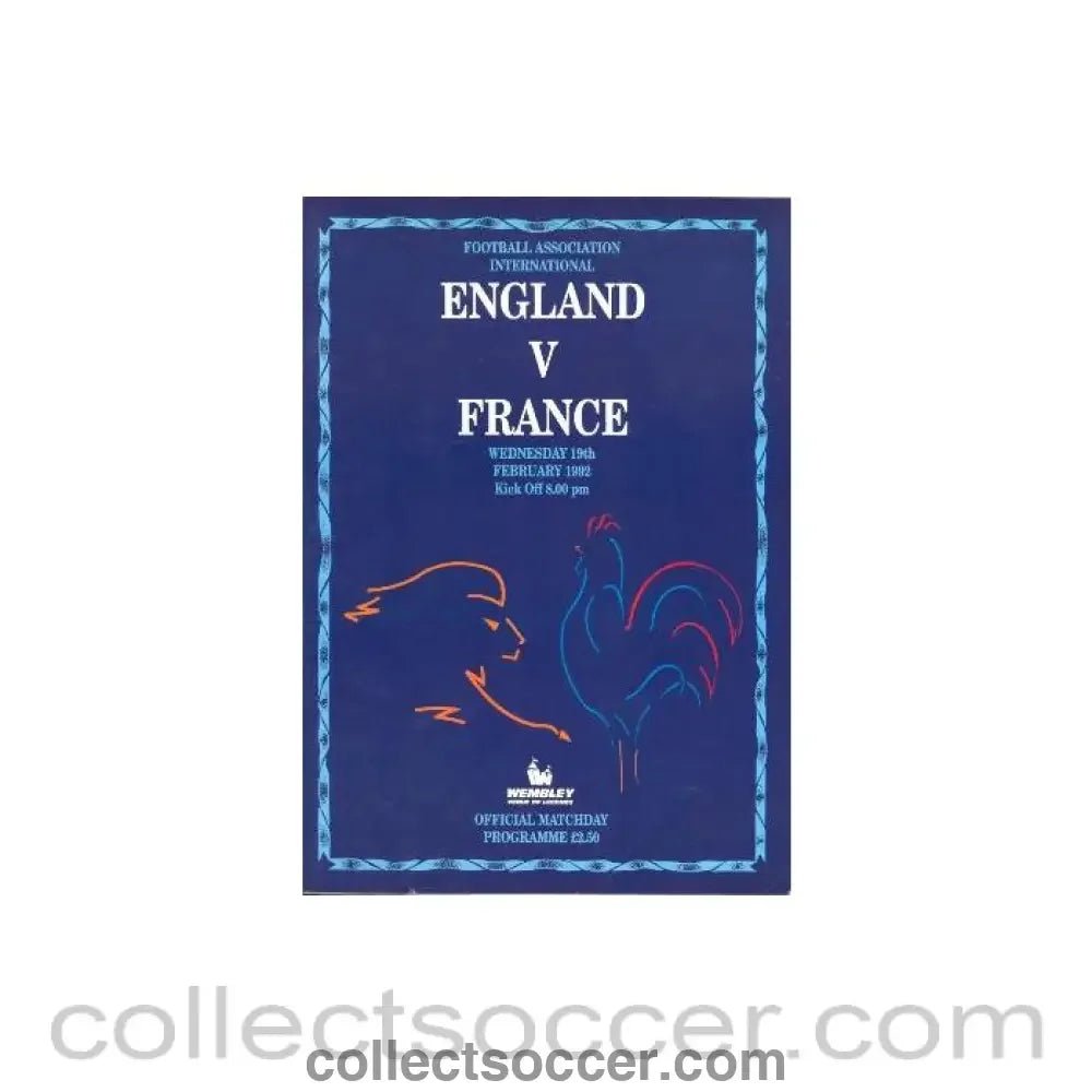 1992 England v France official programme 19/02/1992 F.A. International - Collect Soccer