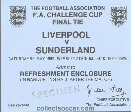 1992 FA Cup Final Liverpool v Sunderland Blue Refreshment Enclosure Post Match Ticket