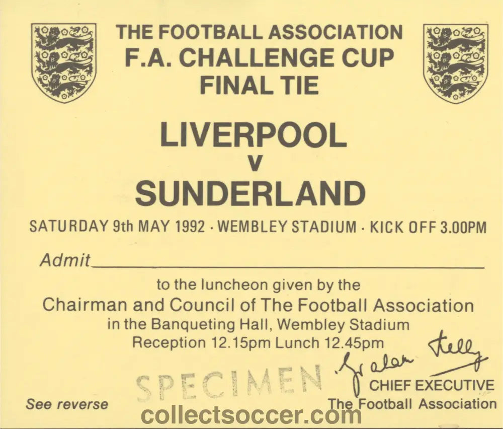 1992 FA Cup Final Liverpool v Sunderland Luncheon Yellow Ticket