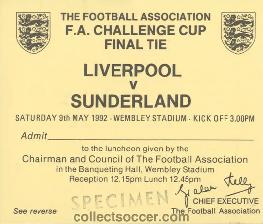 1992 FA Cup Final Liverpool v Sunderland Luncheon Yellow Ticket