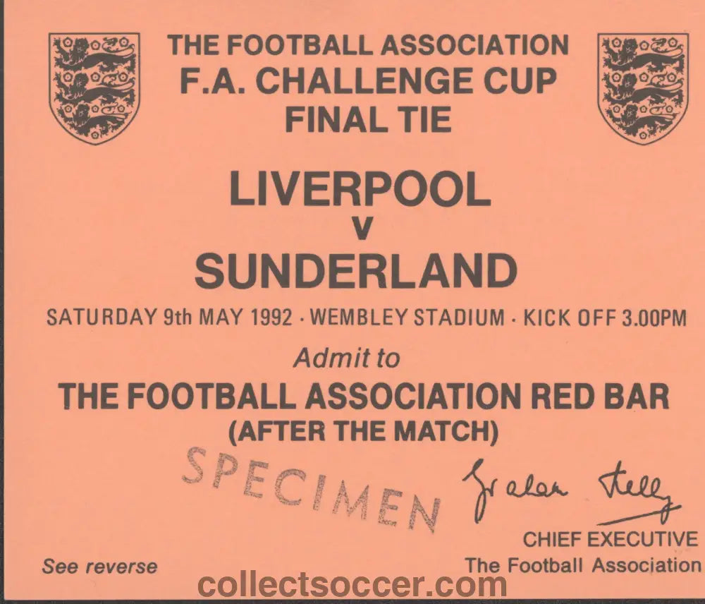 1992 FA Cup Final Liverpool v Sunderland Orange Red Bar Ticket