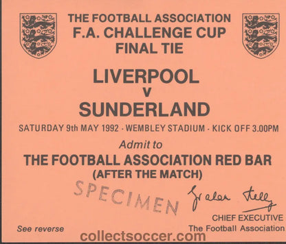 1992 FA Cup Final Liverpool v Sunderland Orange Red Bar Ticket