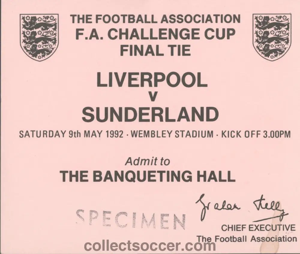1992 FA Cup Final Liverpool v Sunderland Pink Banqueting Hall Ticket