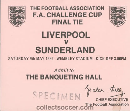 1992 FA Cup Final Liverpool v Sunderland Pink Banqueting Hall Ticket