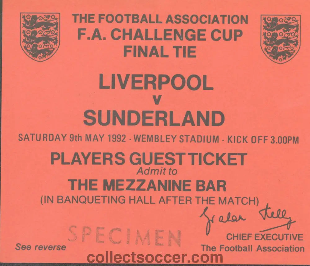 1992 FA Cup Final Liverpool v Sunderland Players Guest Ticket