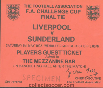 1992 FA Cup Final Liverpool v Sunderland Players Guest Ticket