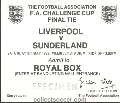 1992 FA Cup Final Liverpool v Sunderland Specimen Royal Box Ticket
