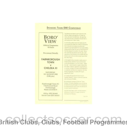 1992 - Farnborough Town vChelsea XI official programme 01/08/1992 Friendly Match the yellow programme