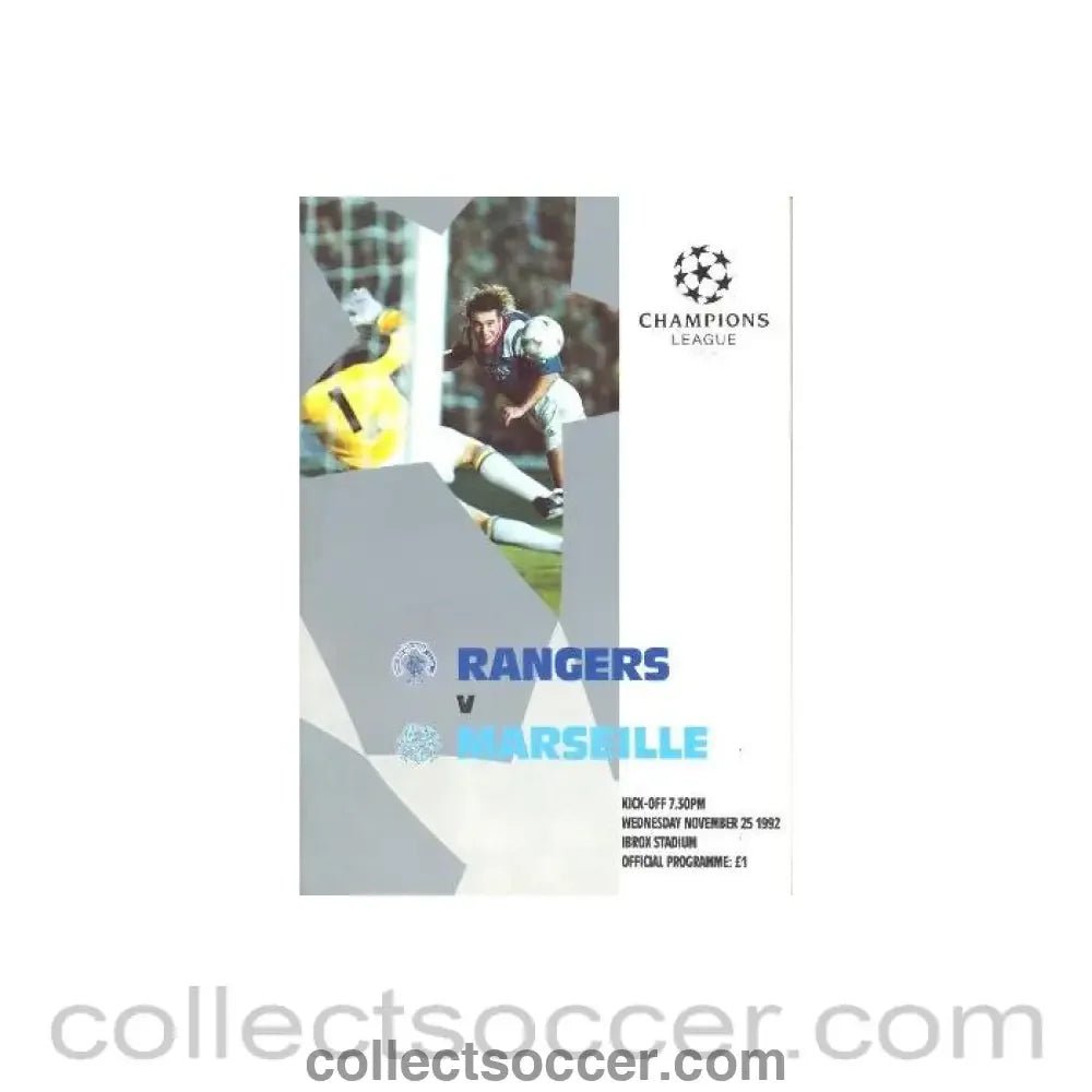 1992 - Glasgow Rangers v Marseille official programme 25/11/1992 - Collect Soccer