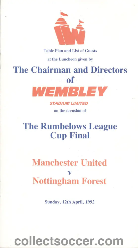 1992 League Cup Final Manchester United v Nottingham Forest Programme of Arrangements