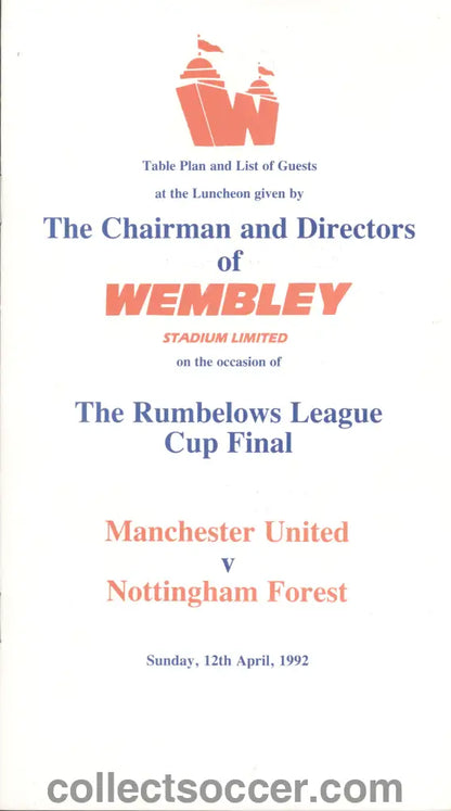 1992 League Cup Final Manchester United v Nottingham Forest Programme of Arrangements