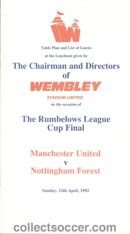 1992 League Cup Final Manchester United v Nottingham Forest Programme of Arrangements